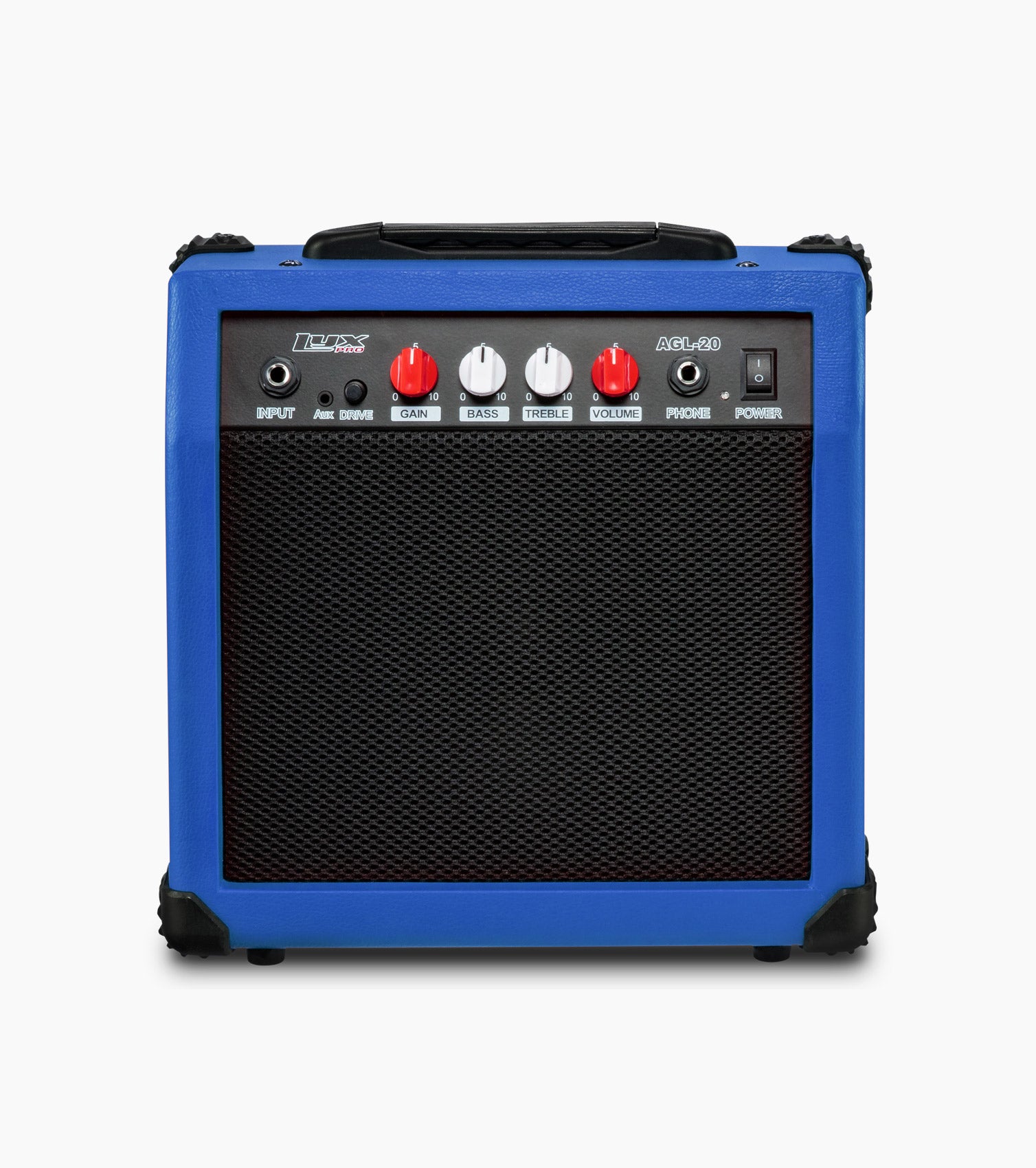 frontal view of blue 20 watt electric guitar amplifier 