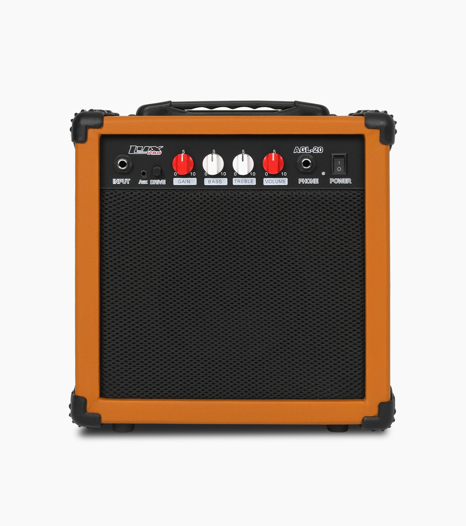 frontal view of Mahogany 20 watt electric guitar amplifier