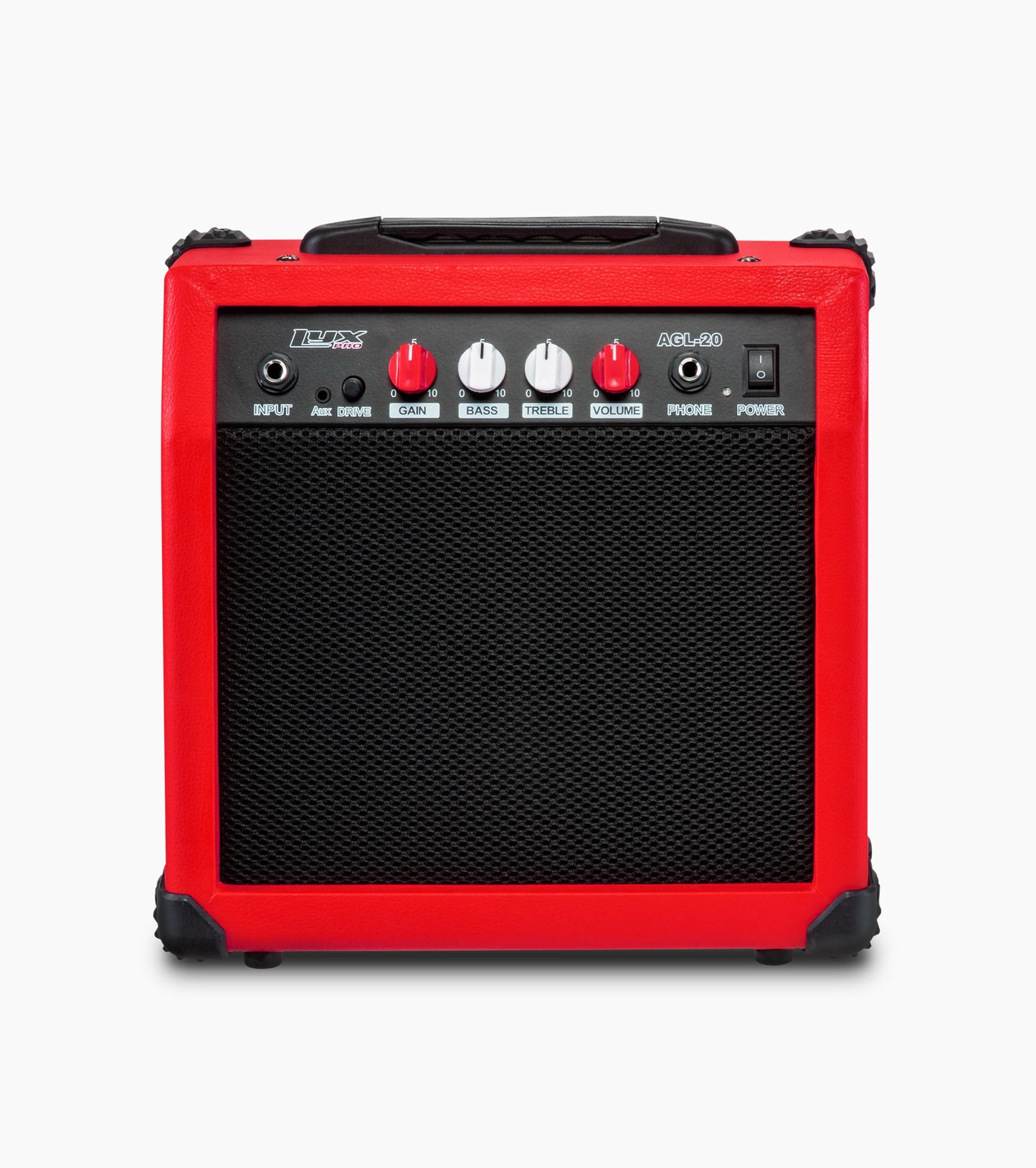 frontal view of red 20 watt electric guitar amplifier