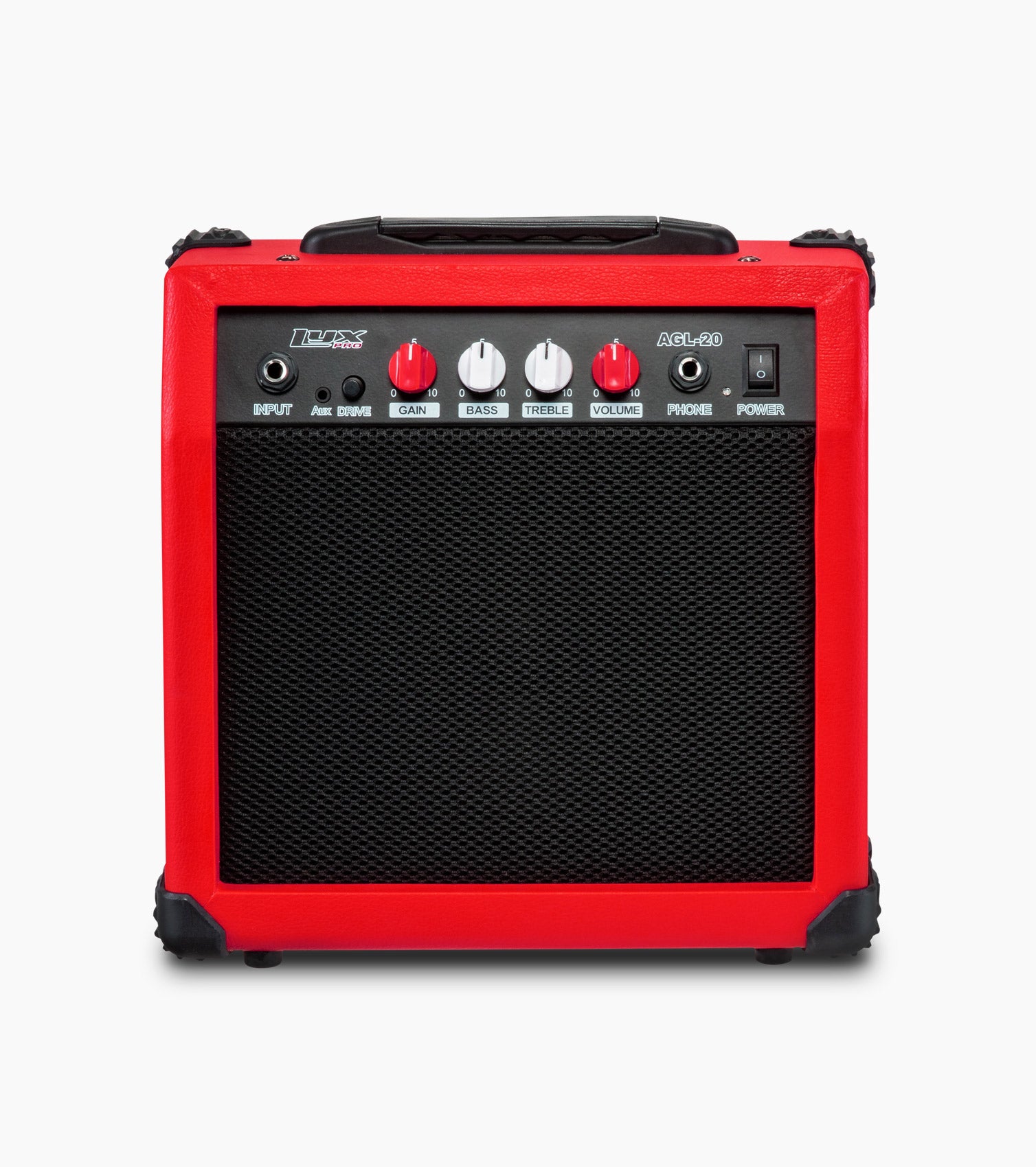 frontal view of red 20 watt electric guitar amplifier