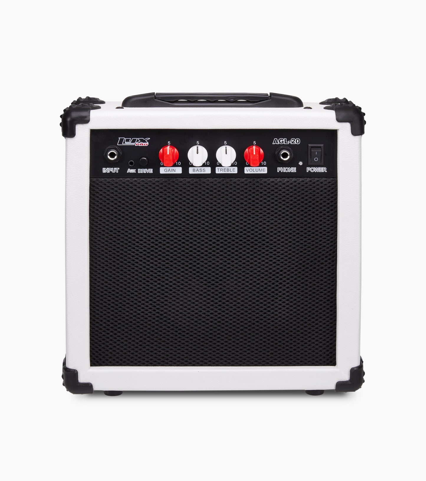 frontal view of white 20 watt electric guitar amplifier 