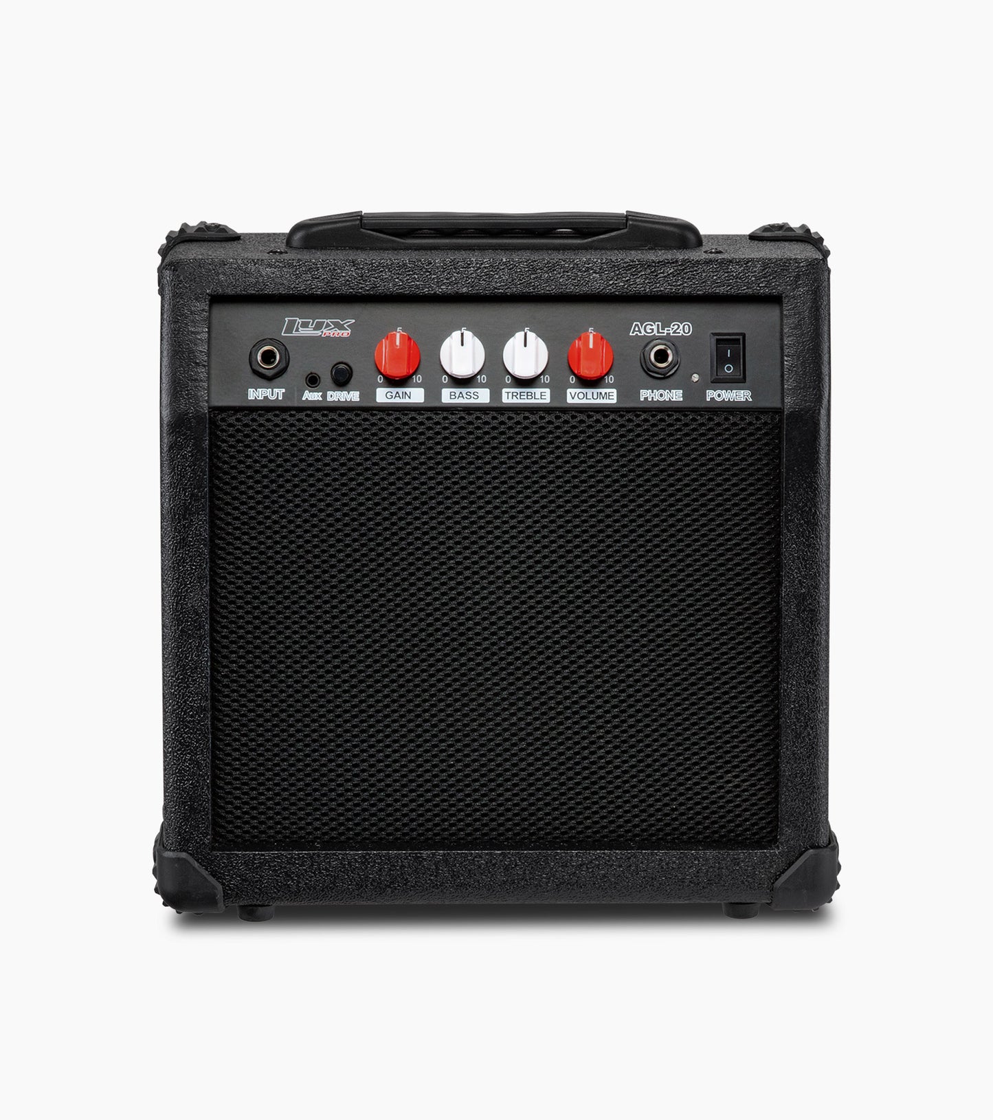 frontal view of black 20 watt electric guitar amplifier 