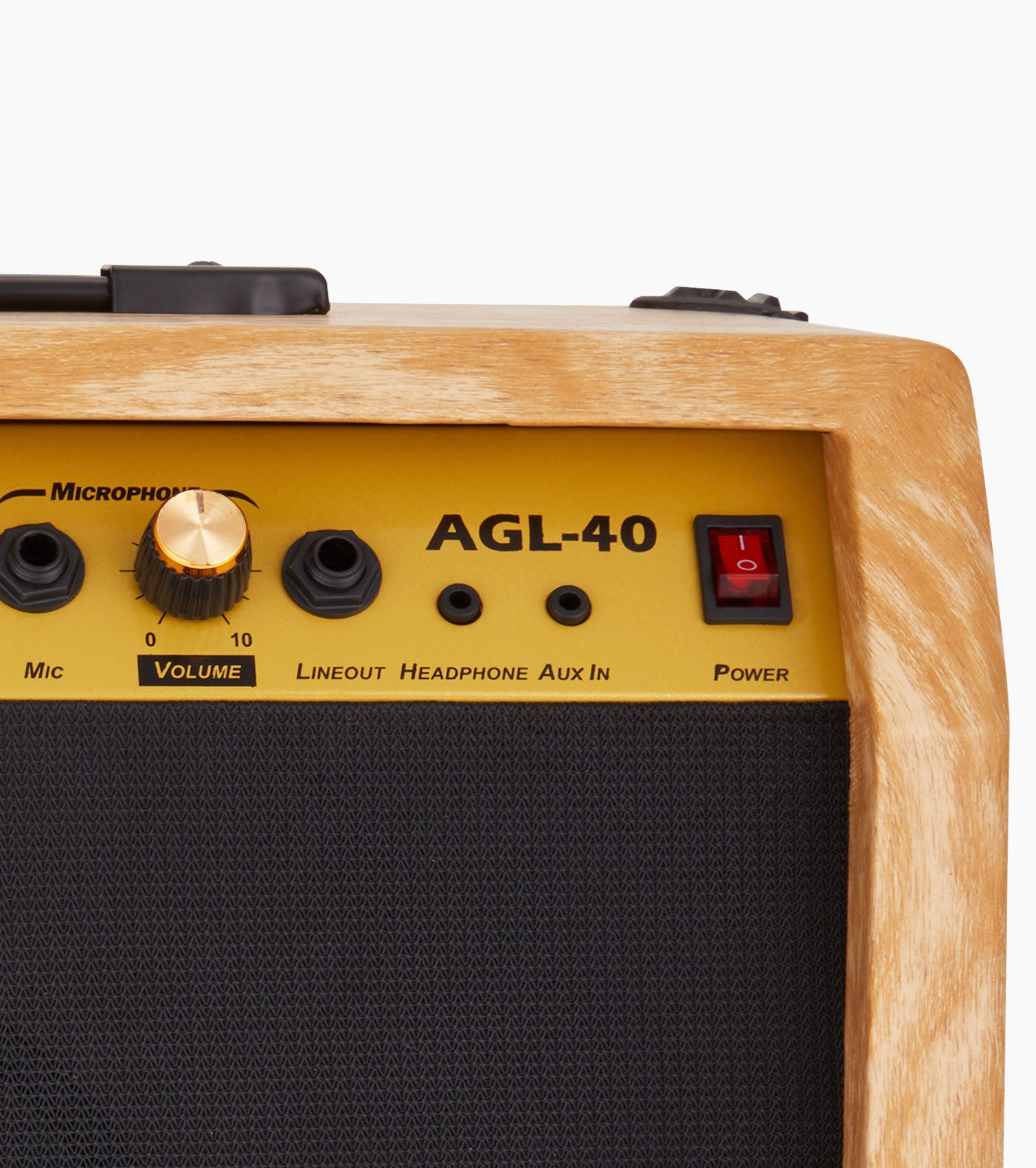 close-up of natural 40-watt mini guitar amplifier controls