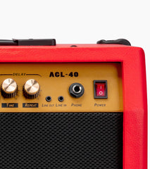 close-up of red 40-watt mini guitar amplifier controls