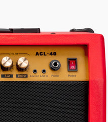 close-up of red 40-watt mini guitar amplifier controls 