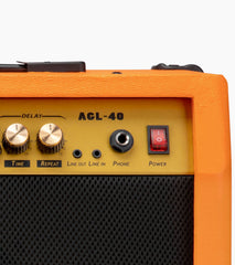 close-up of sunburst 40-watt mini guitar amplifier controls
