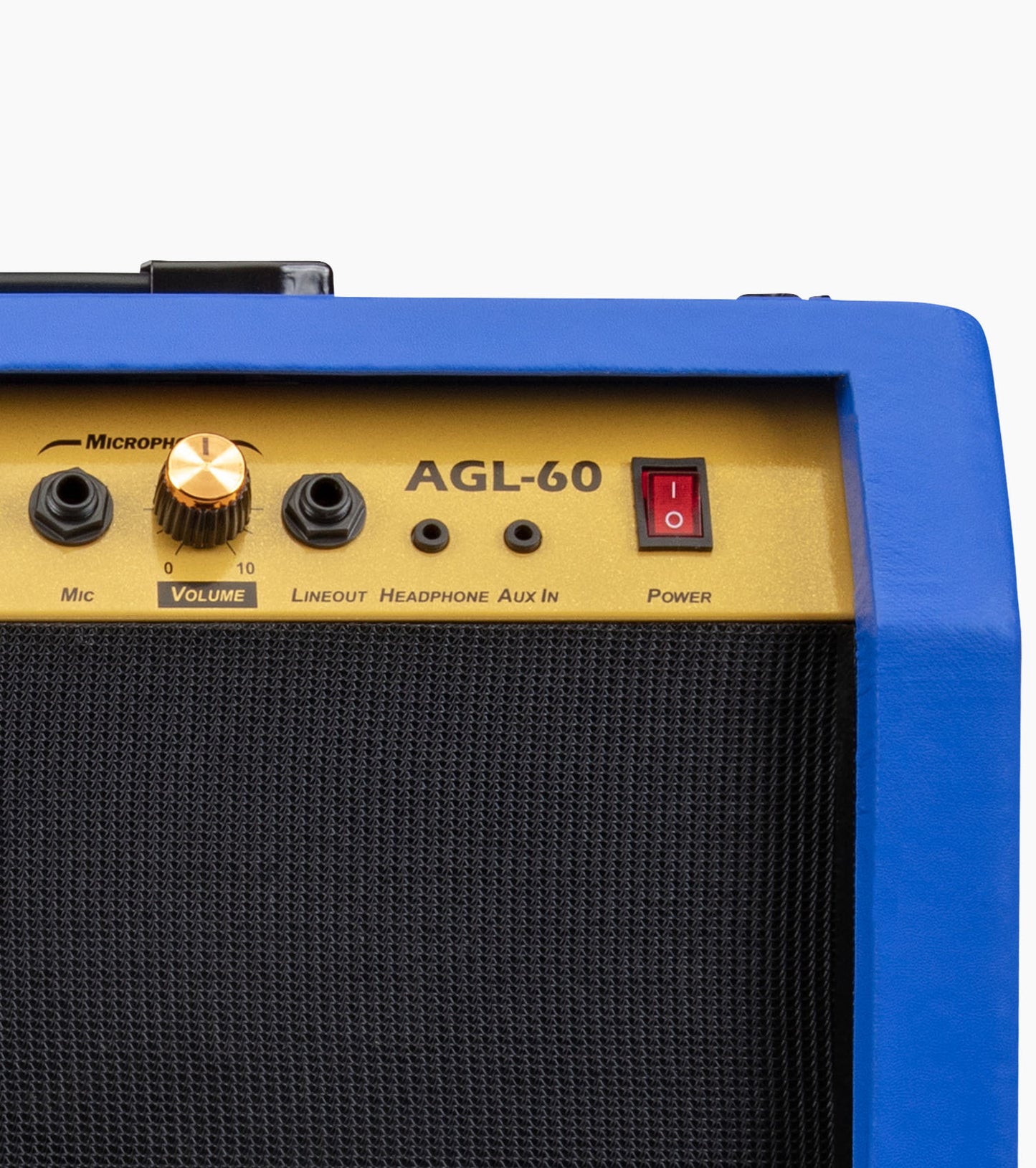 close-up of blue 60-watt beginner guitar amp controls