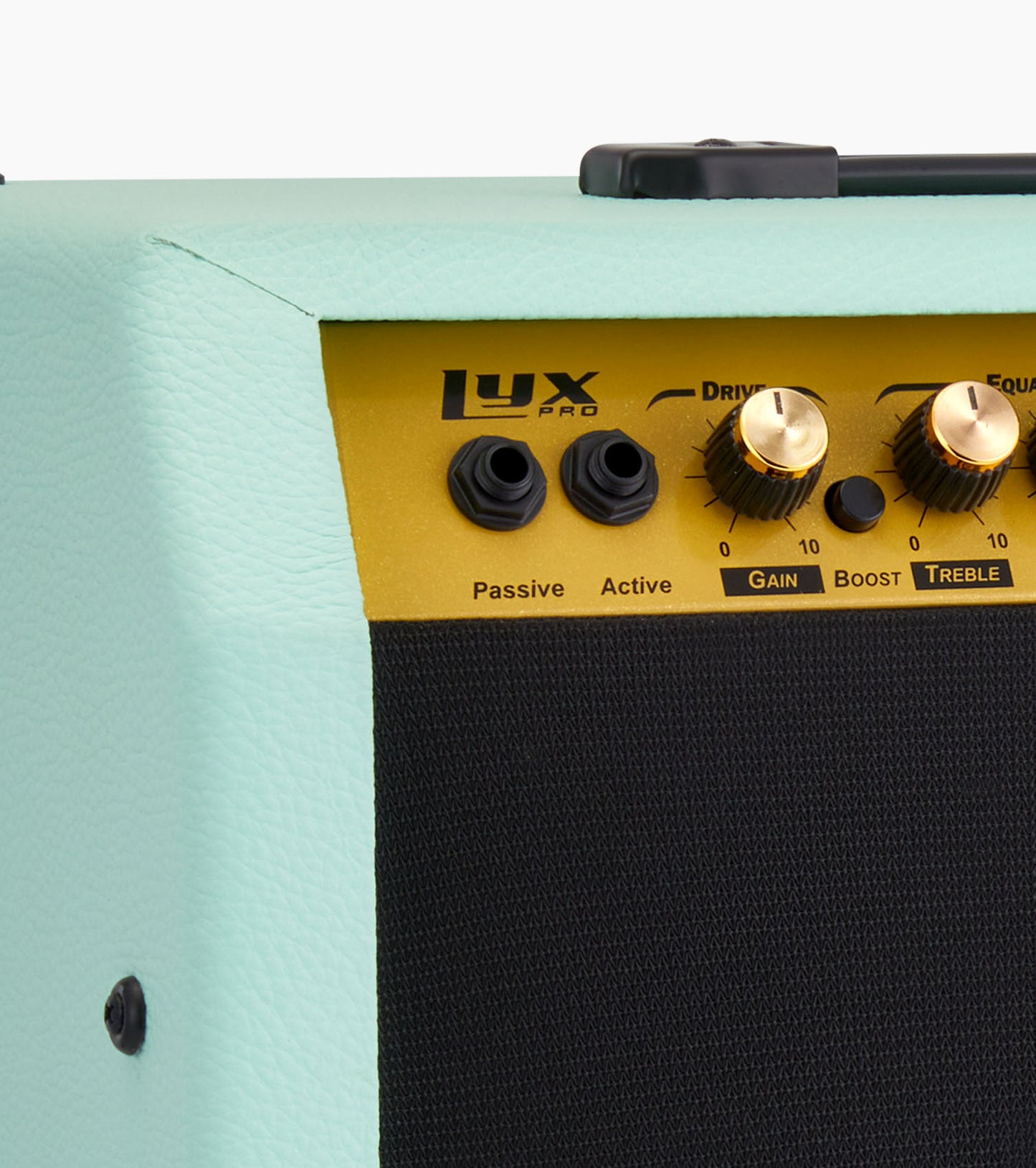 close-up of green 60-watt beginner guitar amp controls