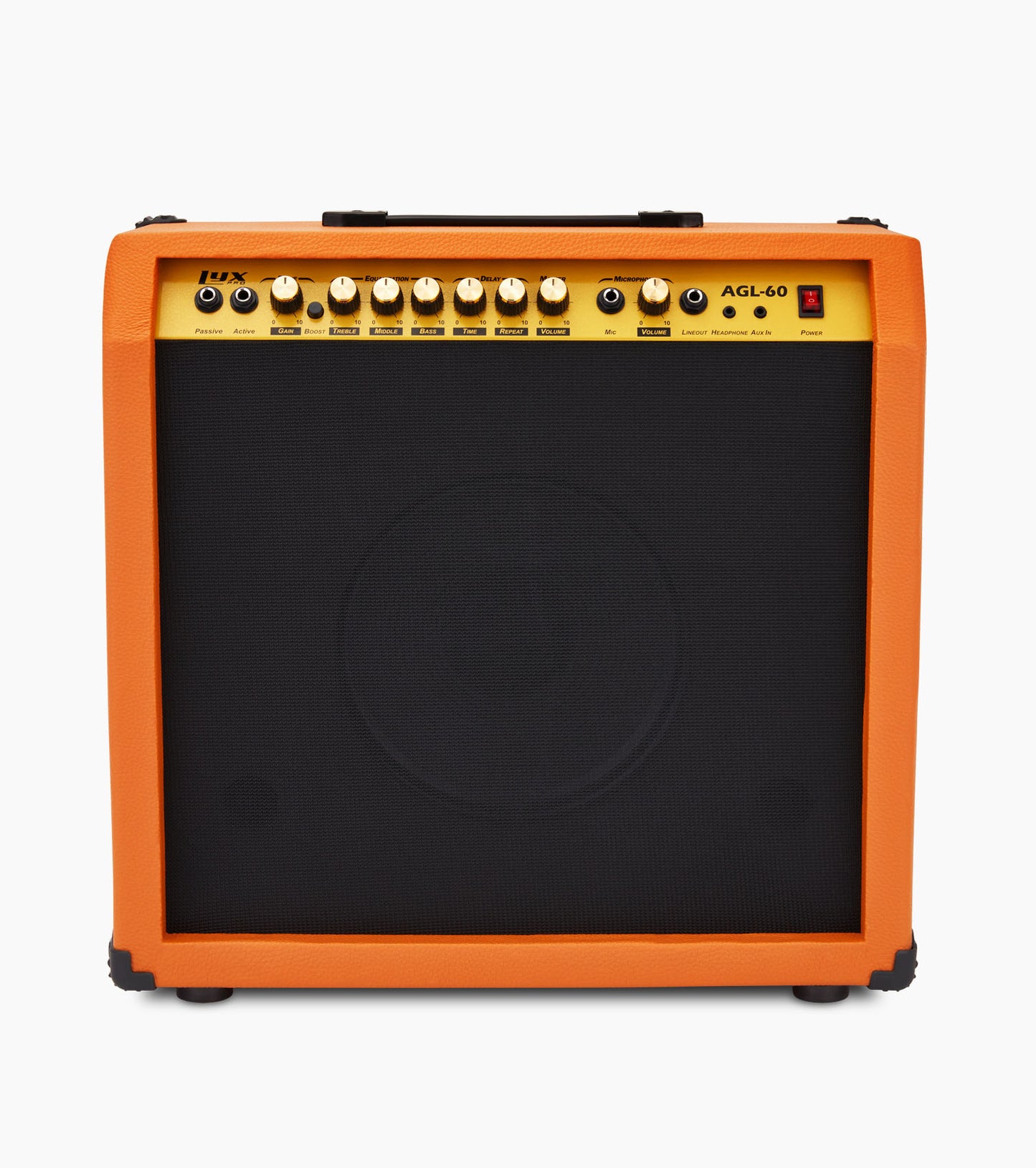 frontal view of mahogany 60-watt beginner guitar amp