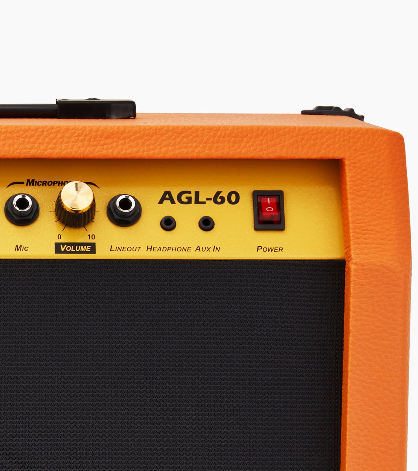 close-up of mahogany 60-watt beginner guitar amp controls