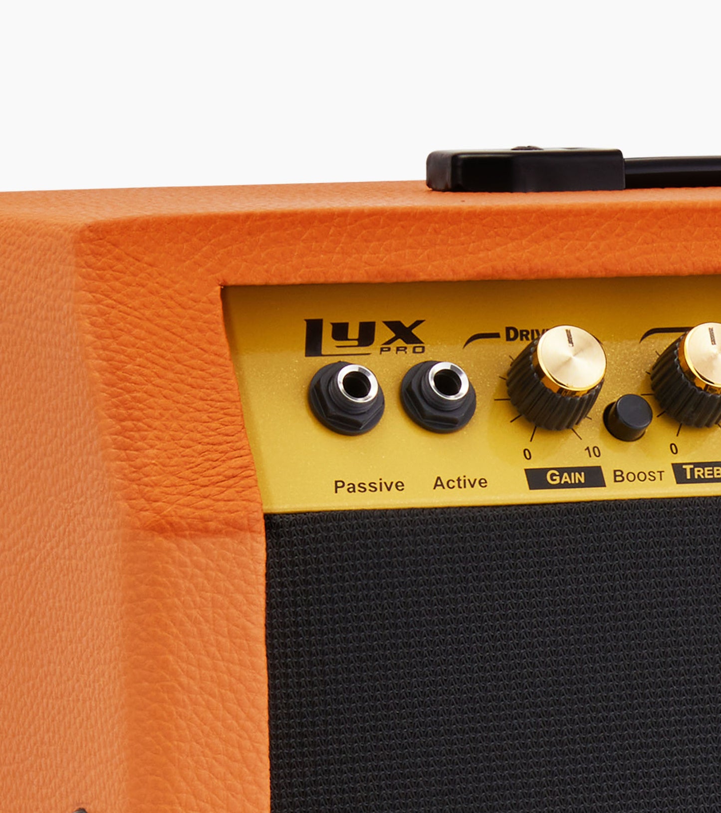 close-up of mahogany 60-watt beginner guitar amp controls