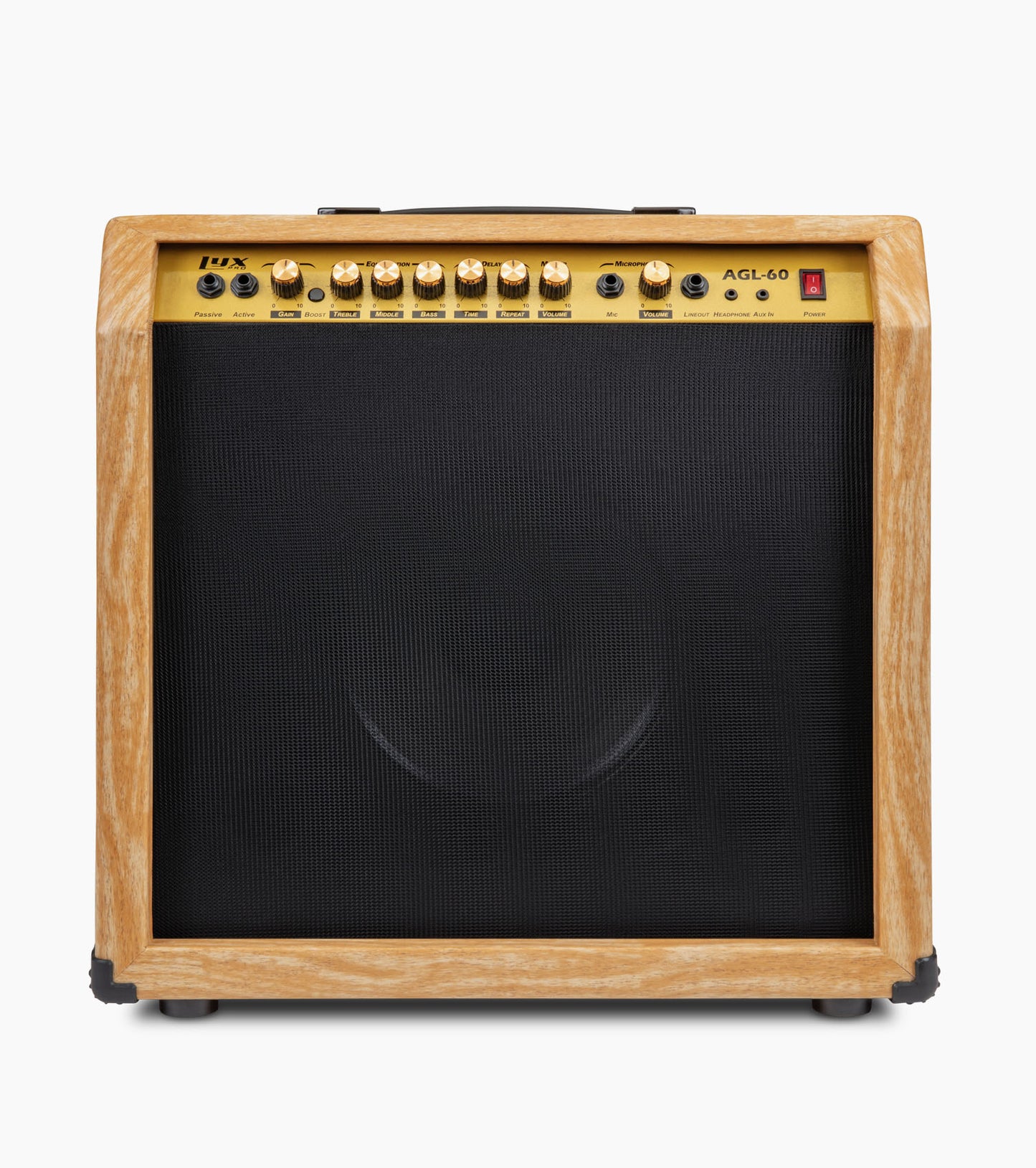 frontal view of natural 60-watt beginner guitar amp