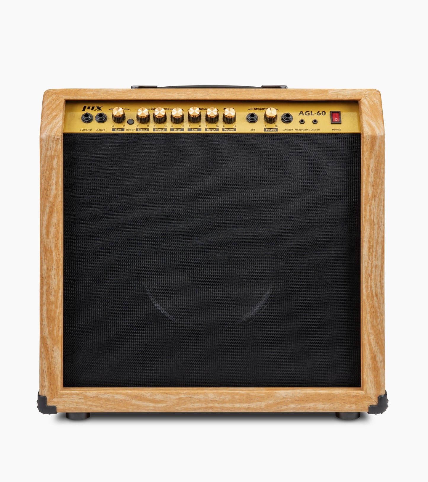  frontal view of natural 60-watt beginner guitar amp