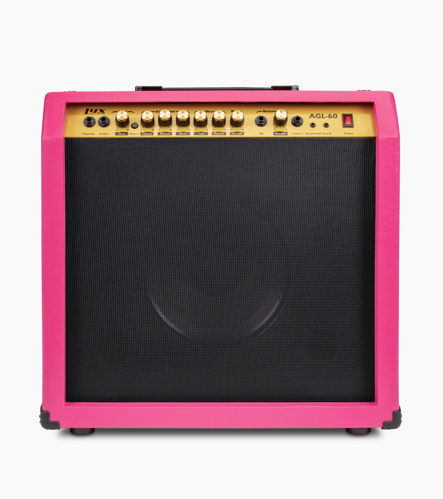 frontal view of pink 60-watt beginner guitar amp