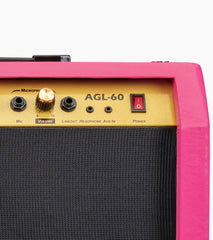 close-up of pink 60-watt beginner guitar amp controls