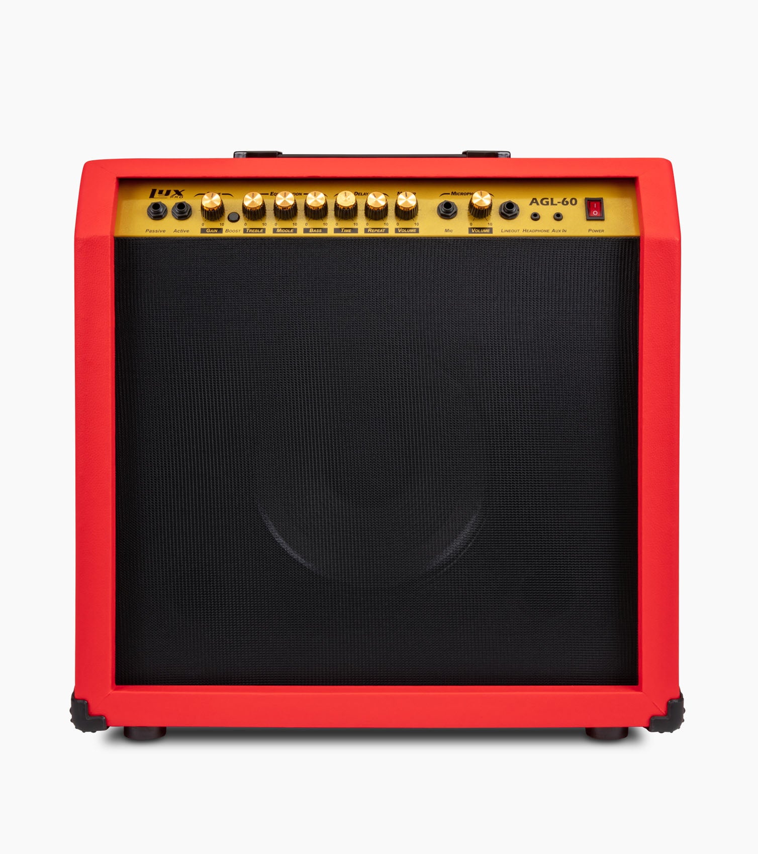frontal view of red 60-watt beginner guitar amp