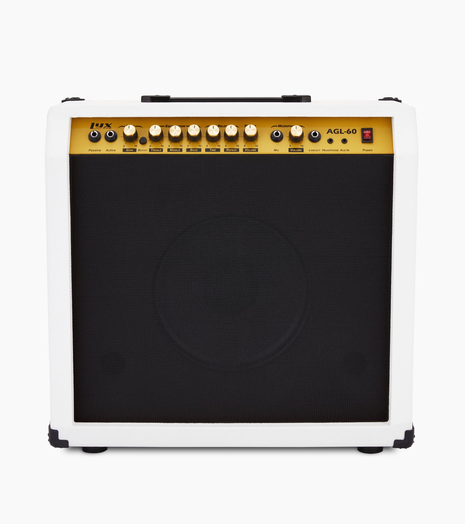 frontal view of white 60-watt beginner guitar amp