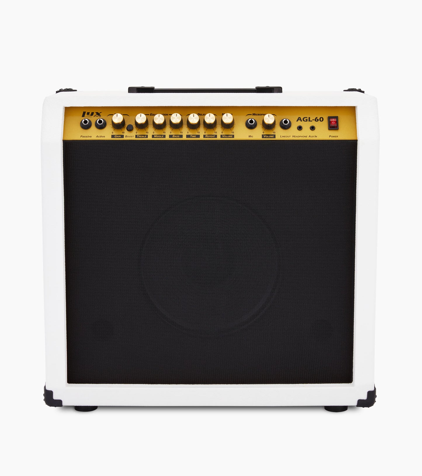 frontal view of white 60-watt beginner guitar amp