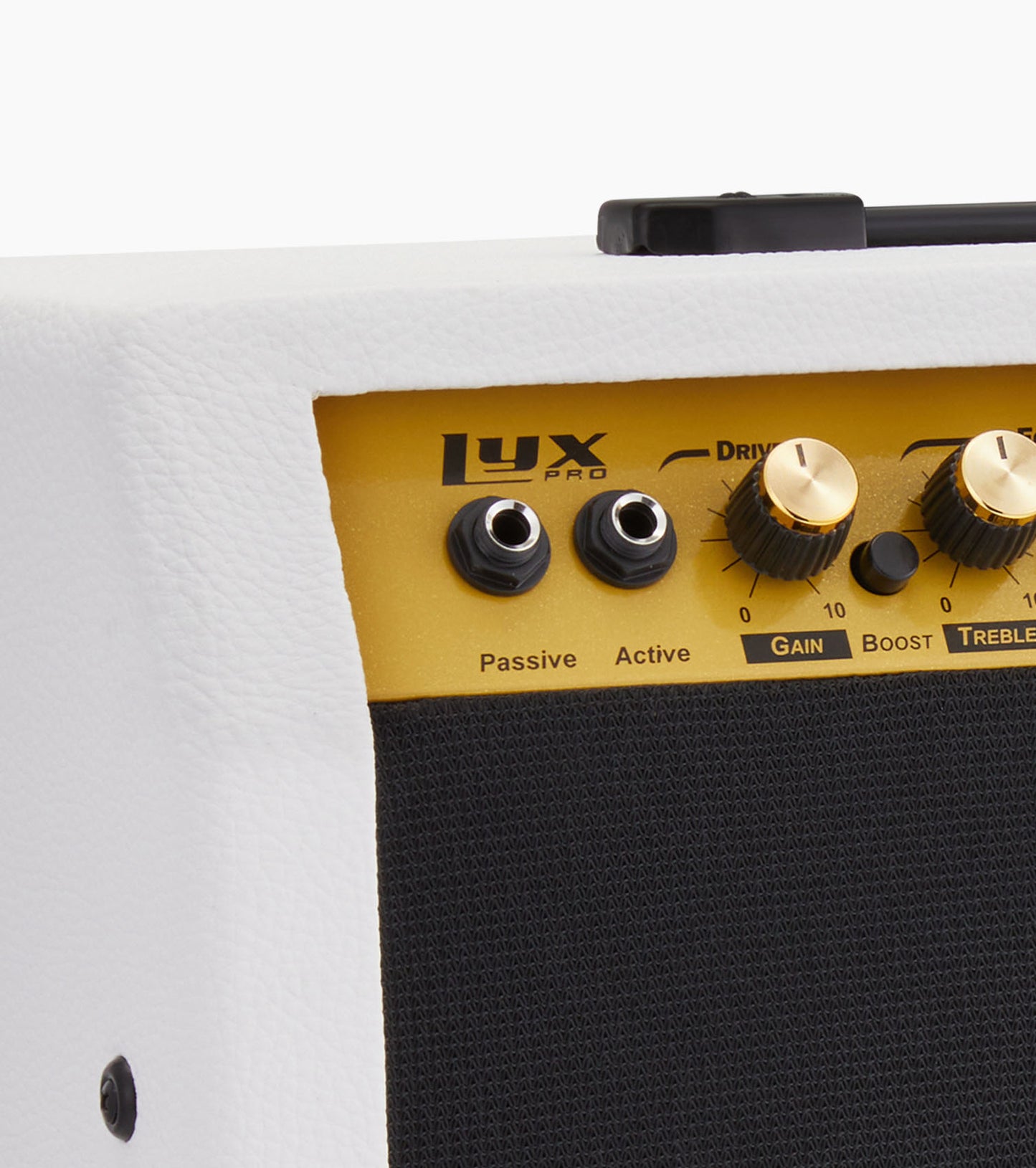 close-up of white 60-watt beginner guitar amp controls