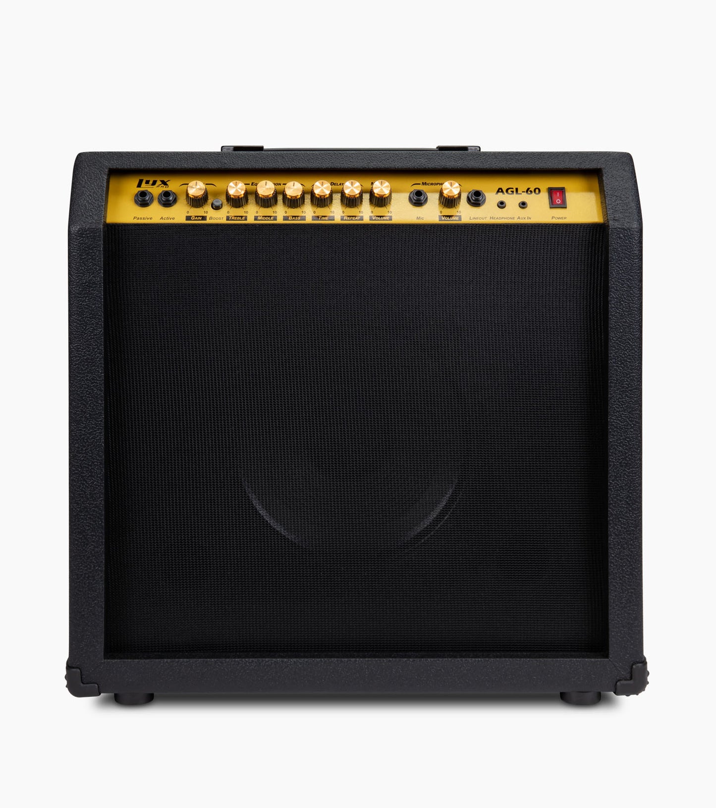 frontal view of black 60-watt beginner guitar amp 