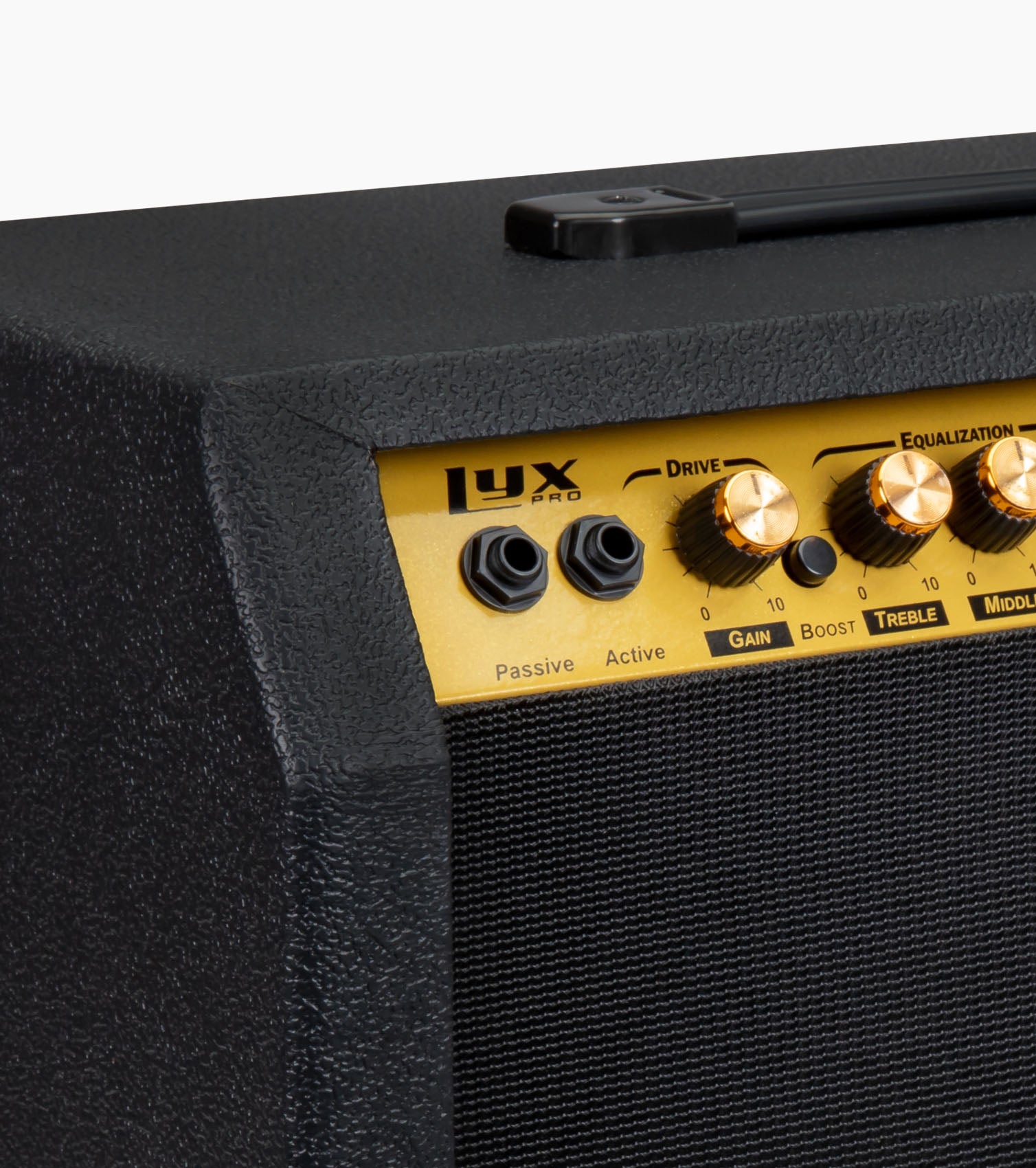 close-up of black 60-watt beginner guitar amp controls