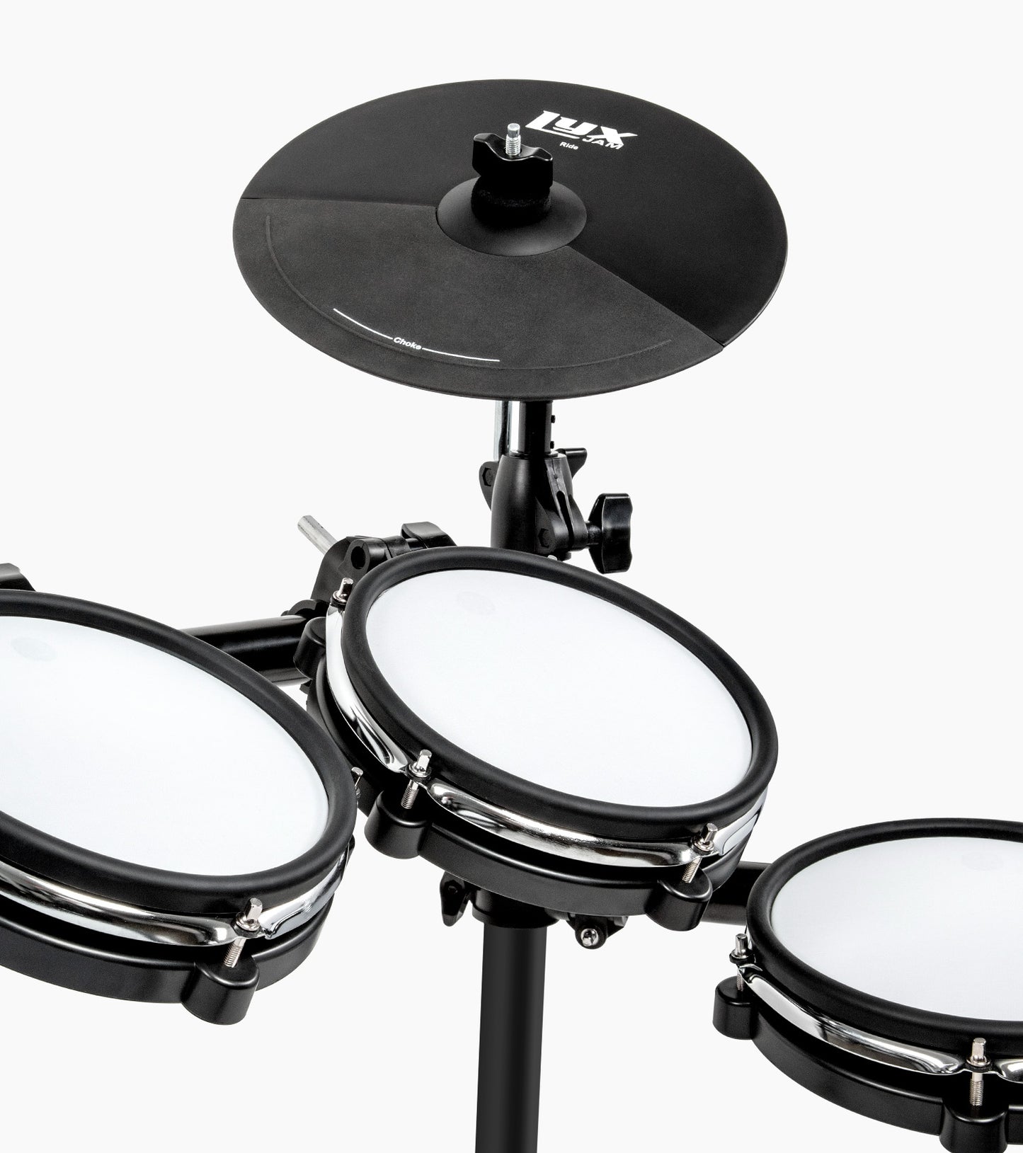 close-up of 8 piece electronic drum set drumheads and cymbal