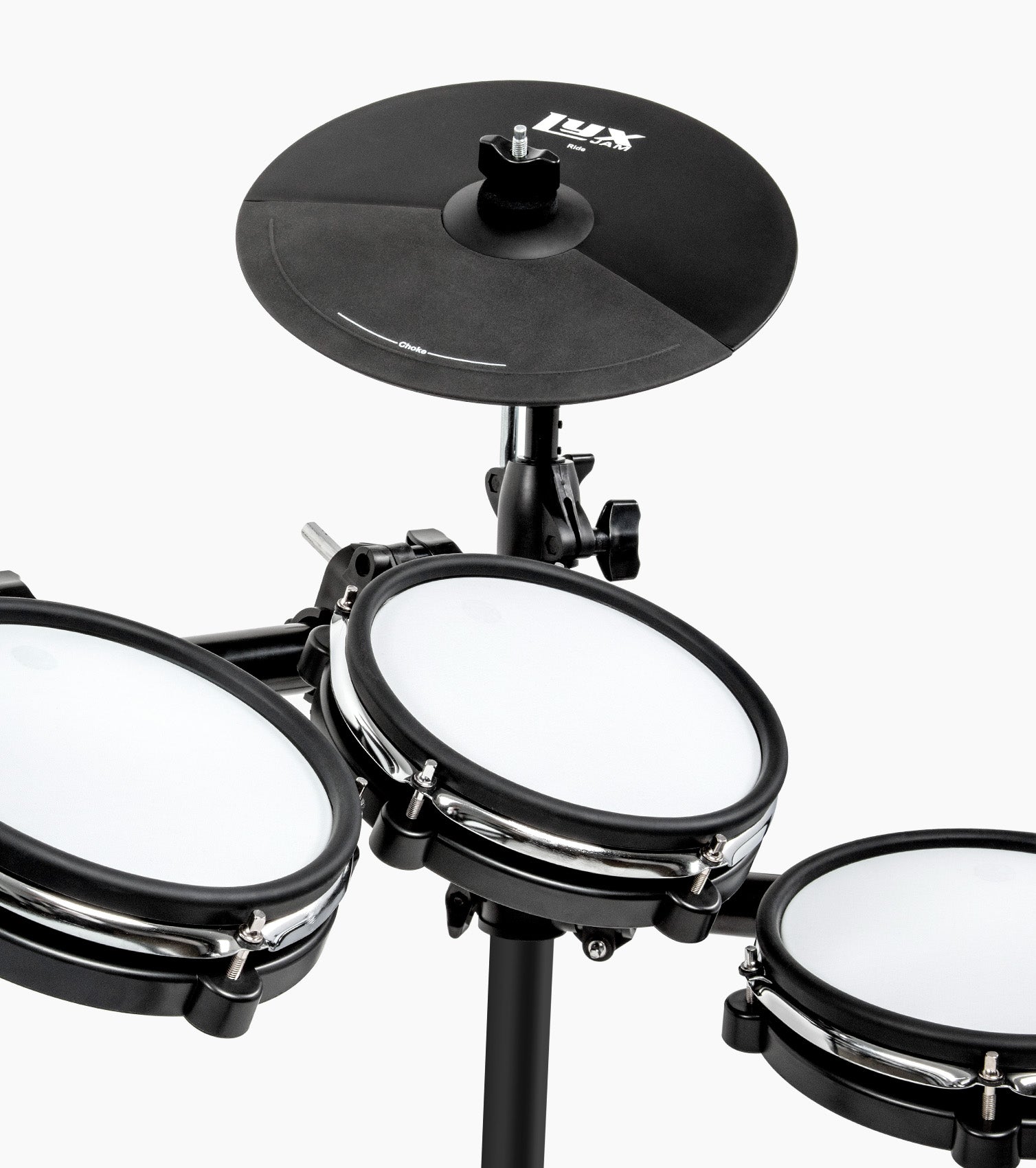 close-up of 8 piece electronic drum set drumheads and cymbal