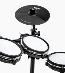 close-up of 8 piece electronic drum set drumheads and cymbal