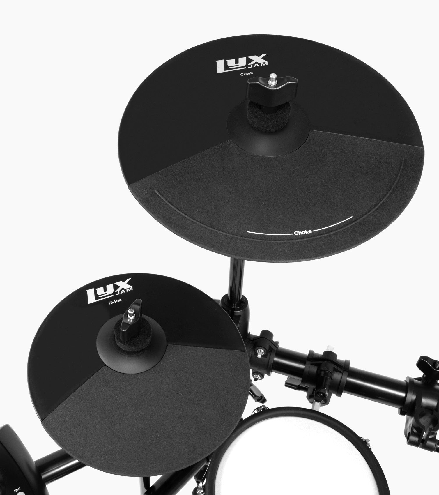 close-up of 8 piece drum set cymbals
