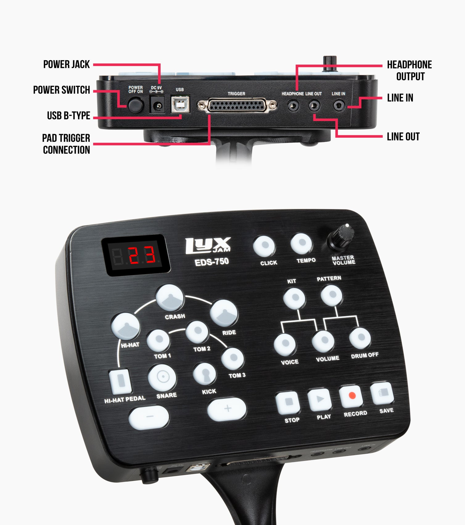  close-up of 7 piece electronic drum set sound board 