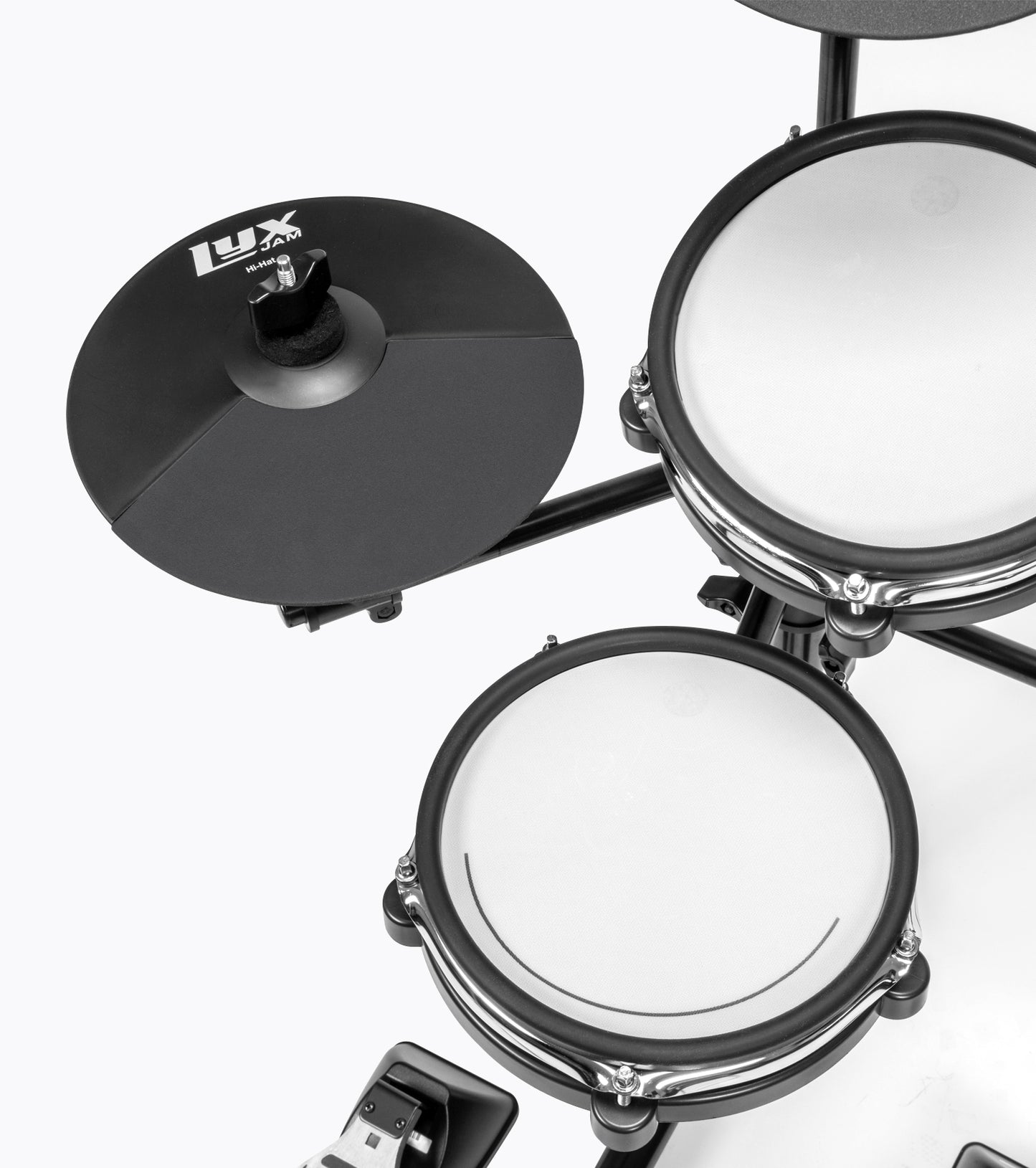 close-up of 7 piece electronic drum set drumheads