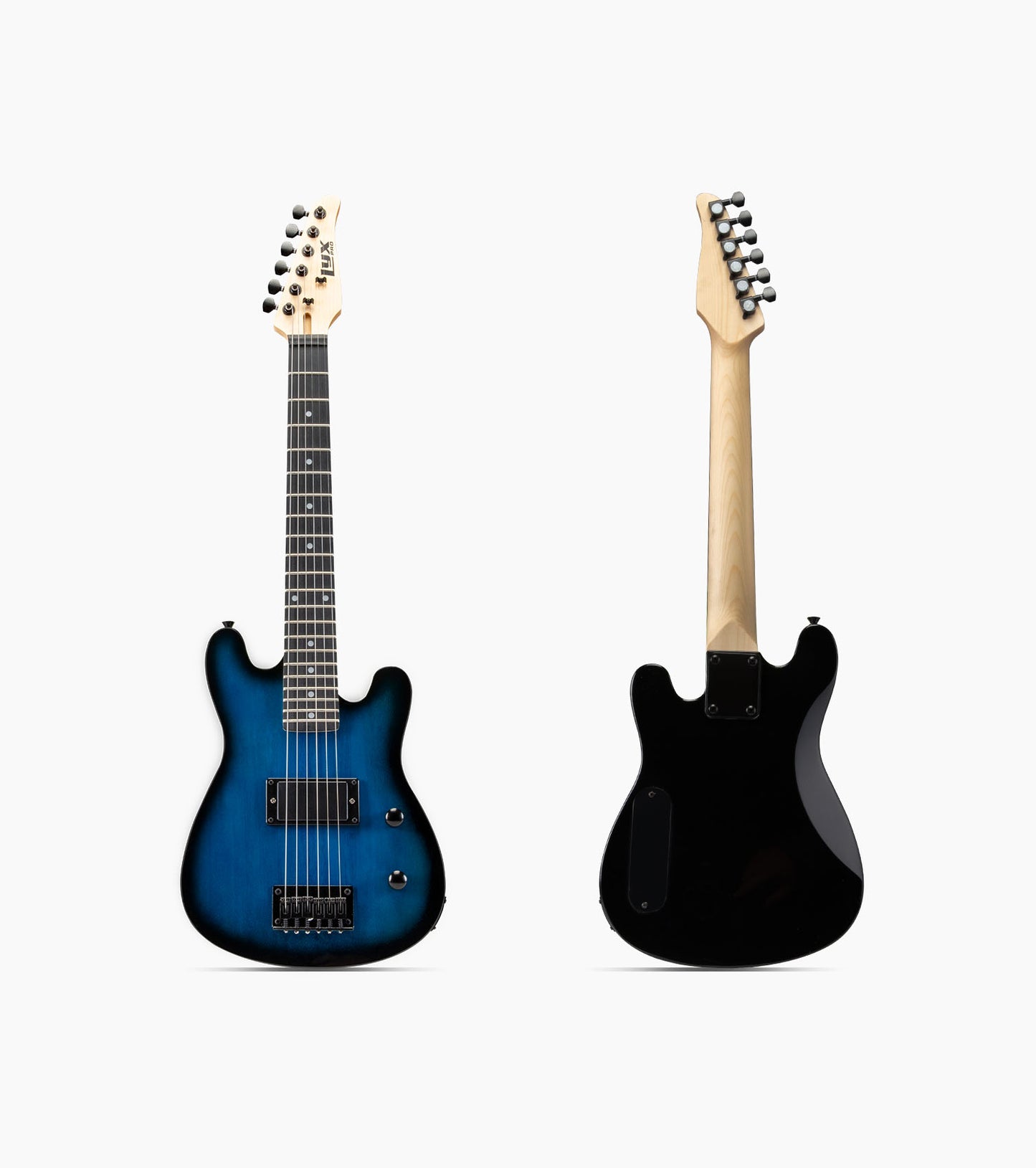 front and back of 30” blue beginner electric guitar