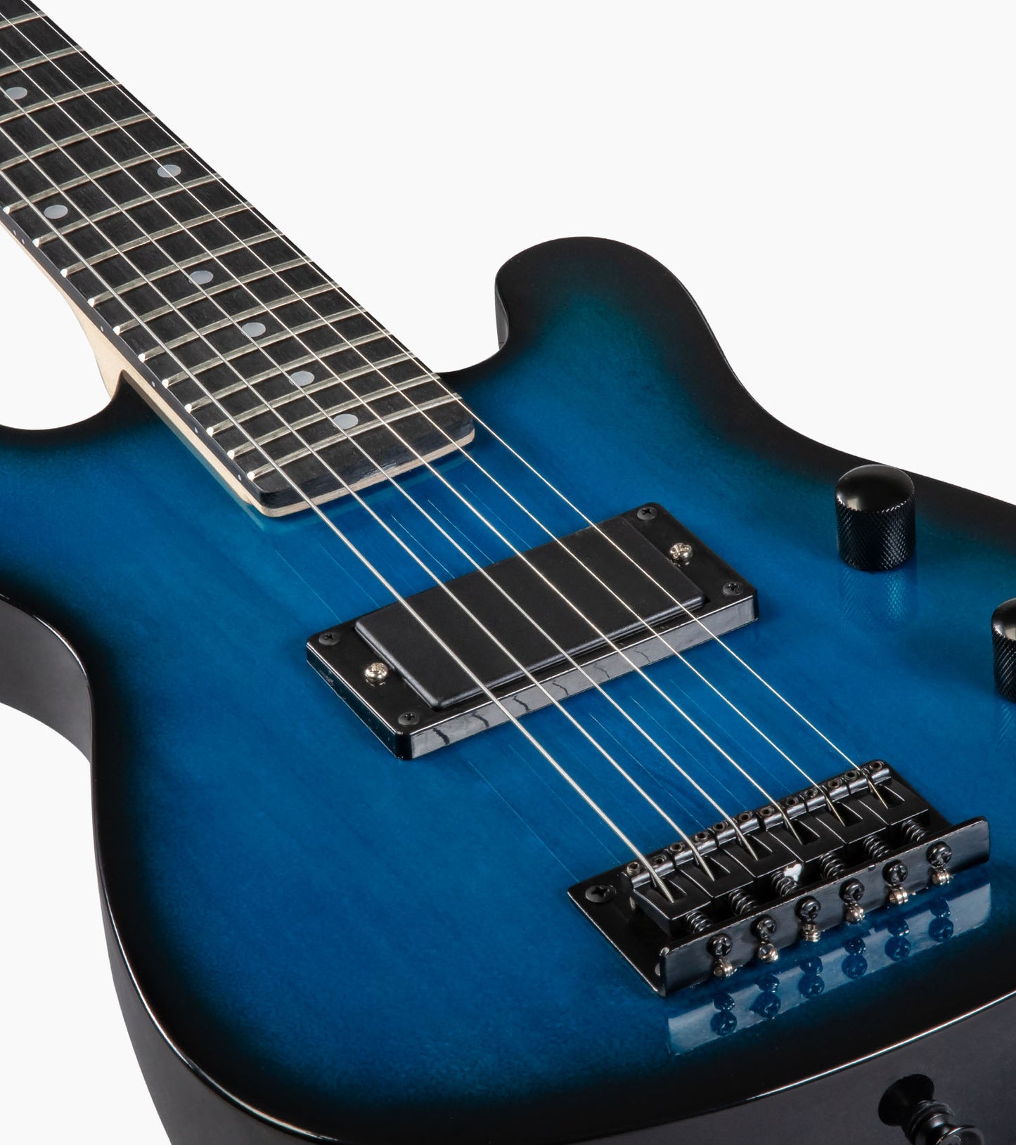 close-up of 30” blue beginner electric guitar