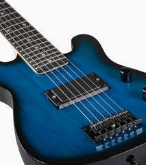 close-up of 30” blue beginner electric guitar