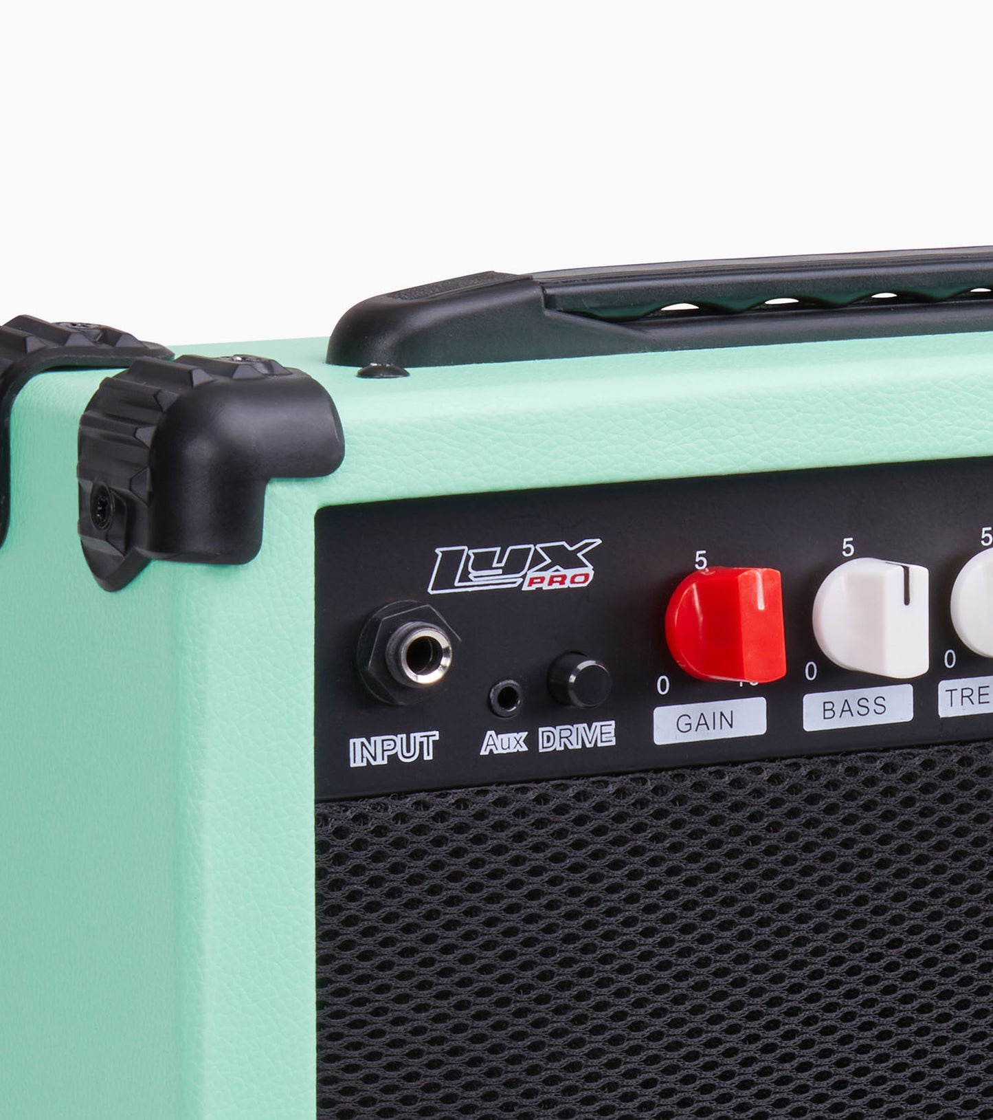 close-up of mini electric guitar amp