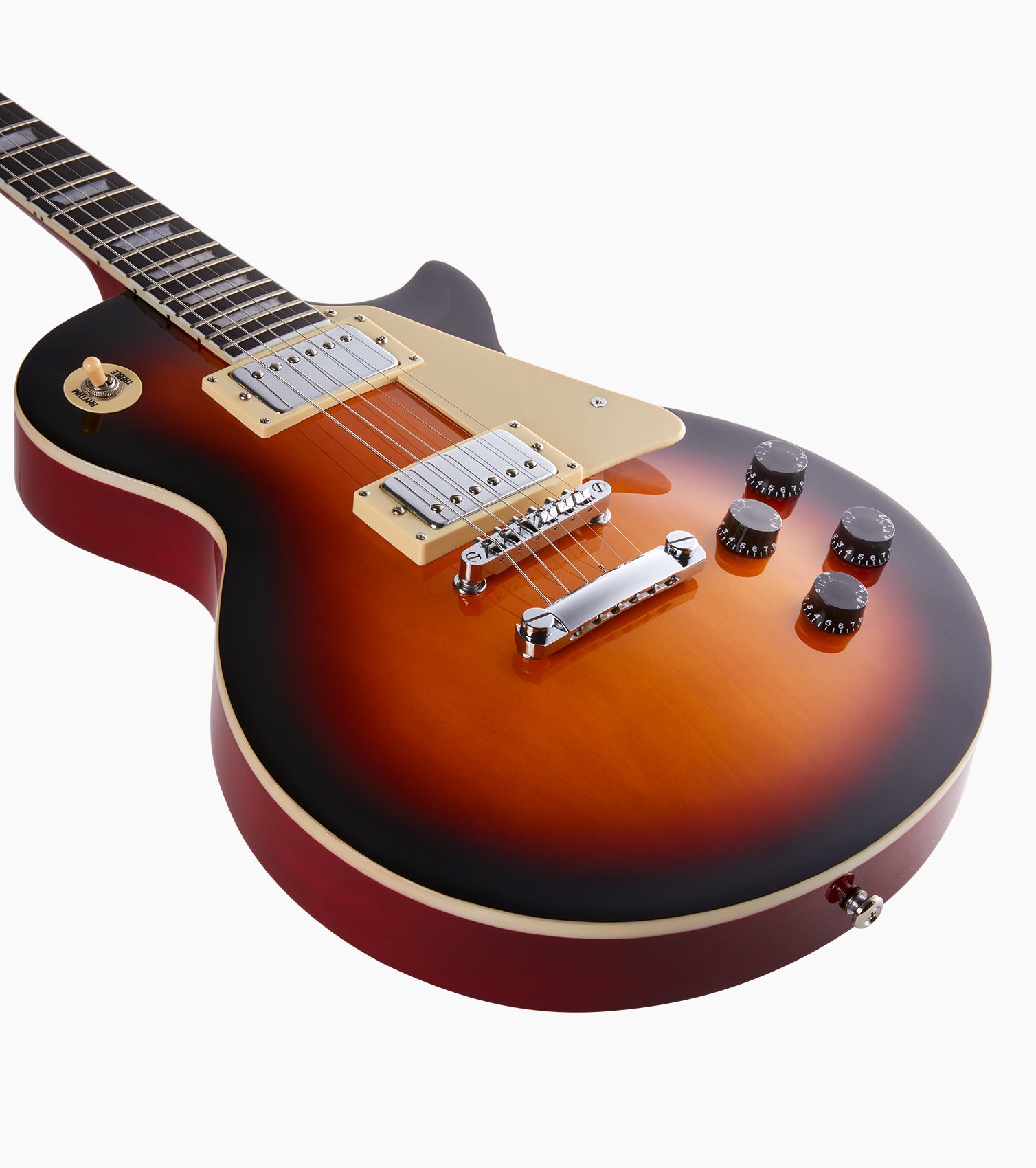 close-up of Sunburst les paul inspired electric guitar