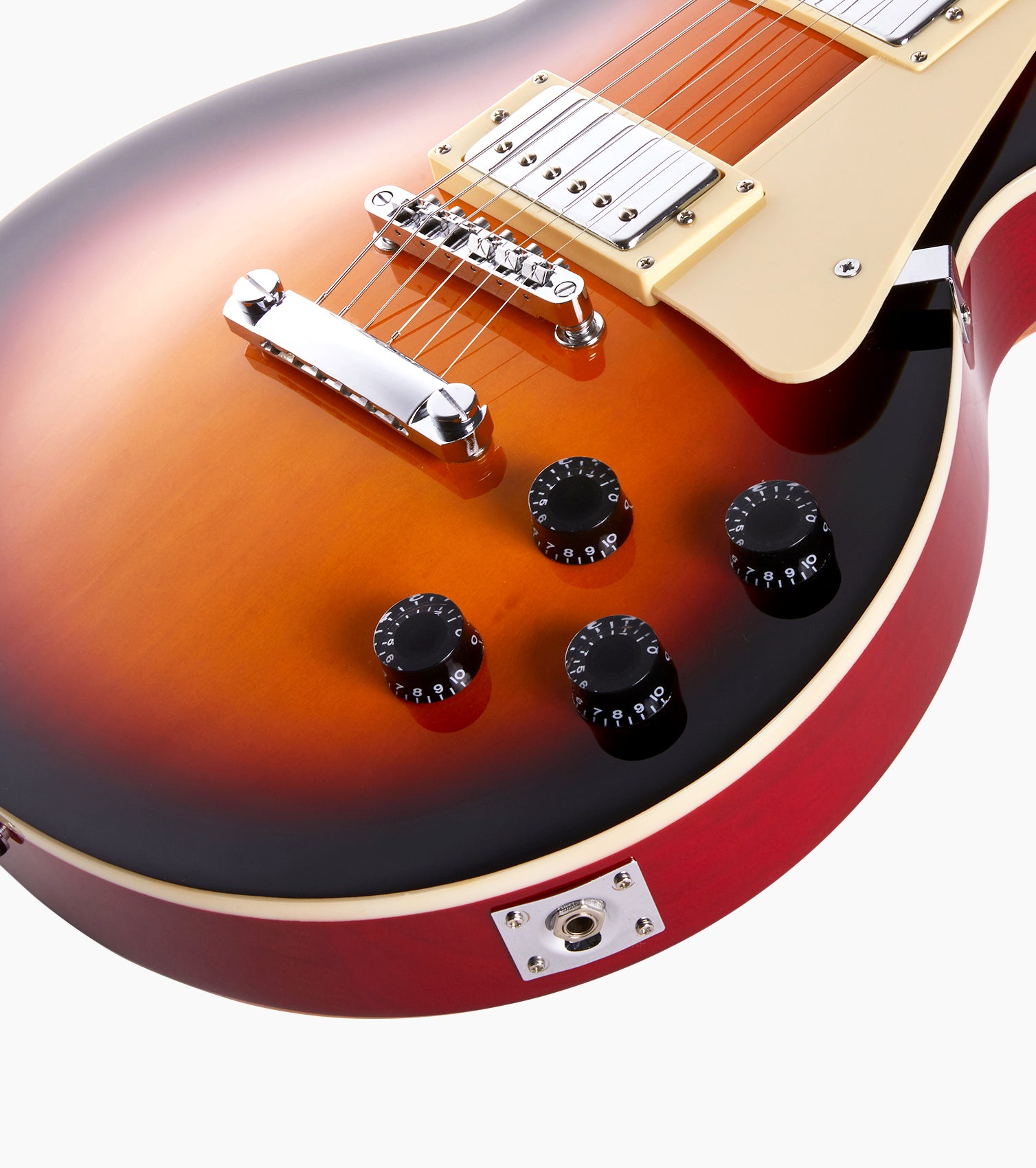 close-up of Sunburst beginner les paul inspired guitar knobs