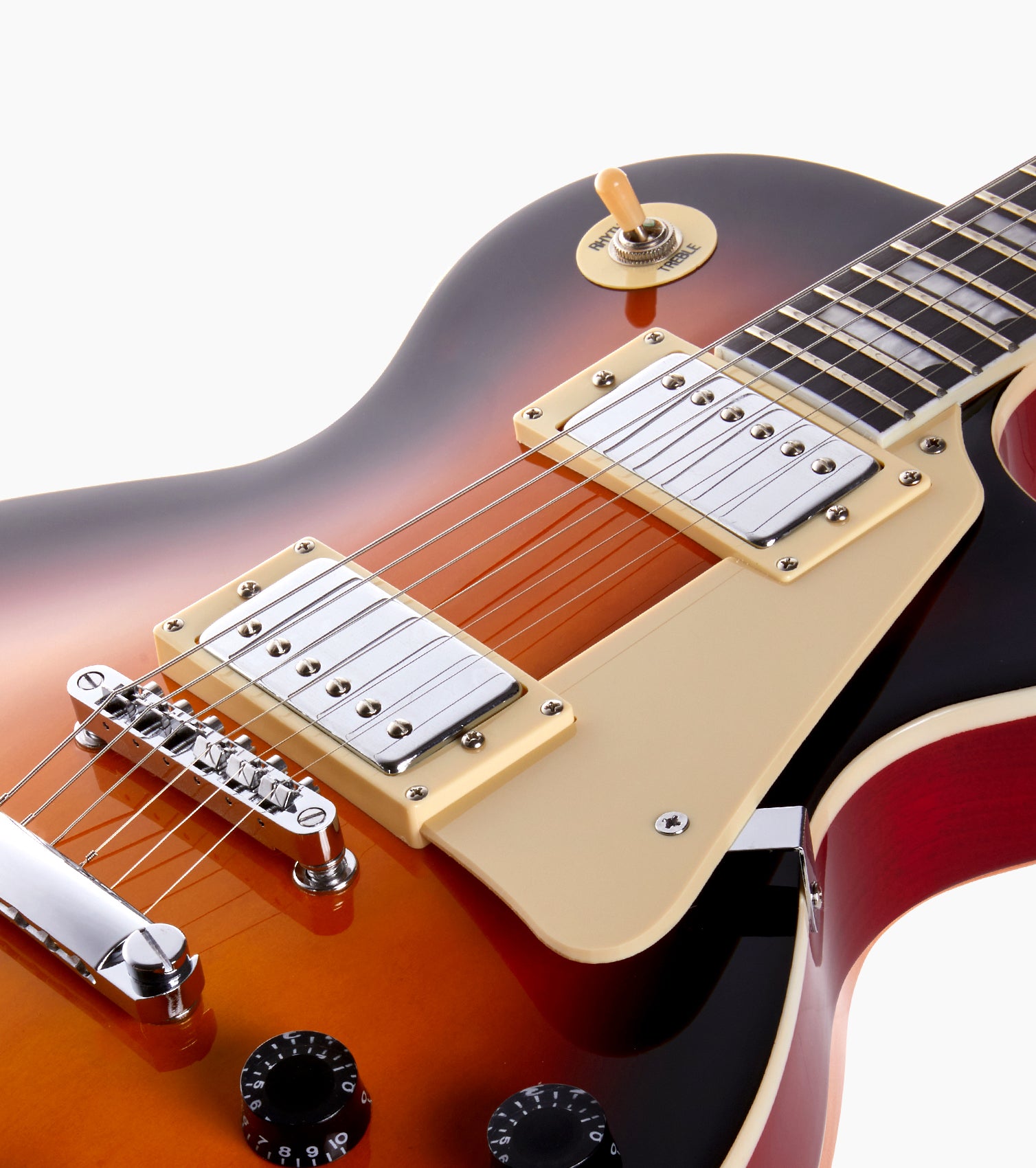 close-up of Sunburst les paul inspired electric guitar strings