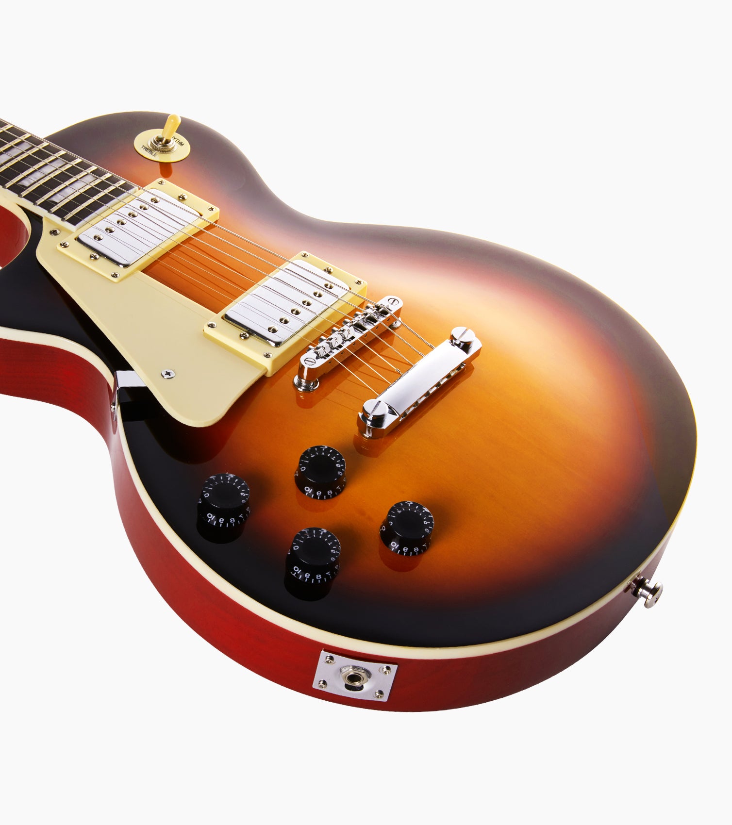 close-up of Sunburst Left Handed les paul inspired electric guitar