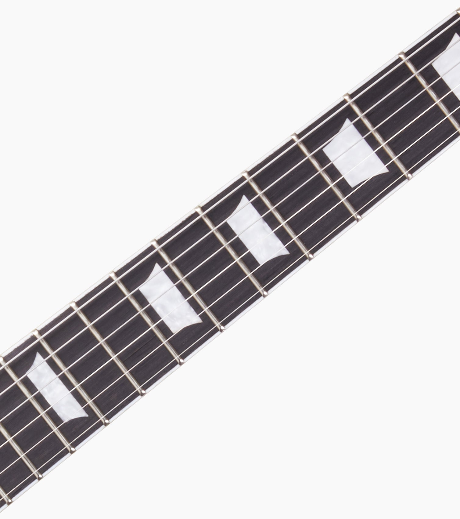 close-up of Sunburst Left Handed les paul inspired electric guitar fretboard