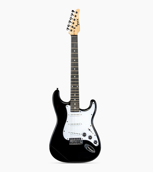 black double-cutaway beginner electric guitar