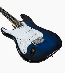 close-up of Left Handed Blue double-cutaway beginner electric guitar