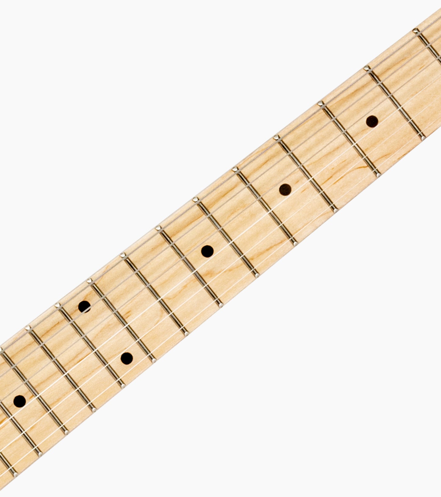 close-up of black single-cutaway electric guitar fretboard 