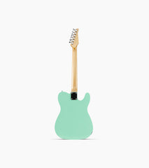 back of a Green Left Handed single-cutaway electric guitar