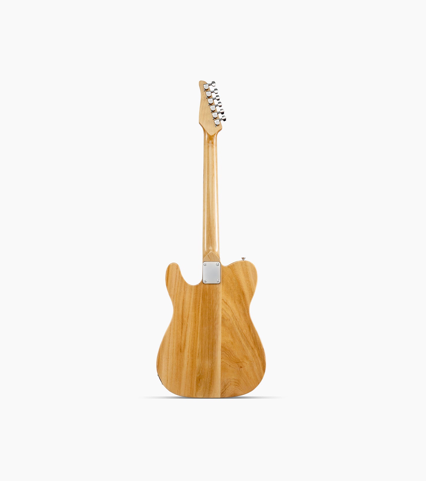 back of a Natural single-cutaway electric guitar