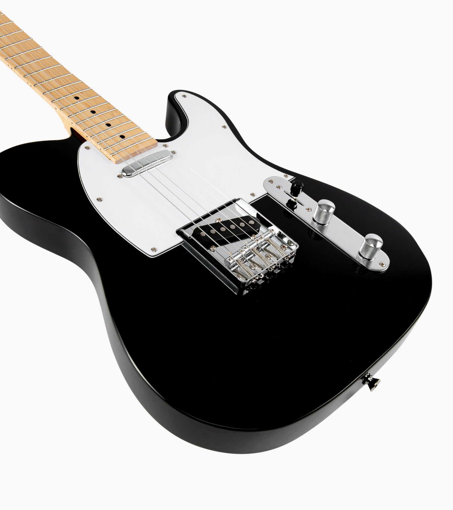 close-up of a black single-cutaway electric guitar