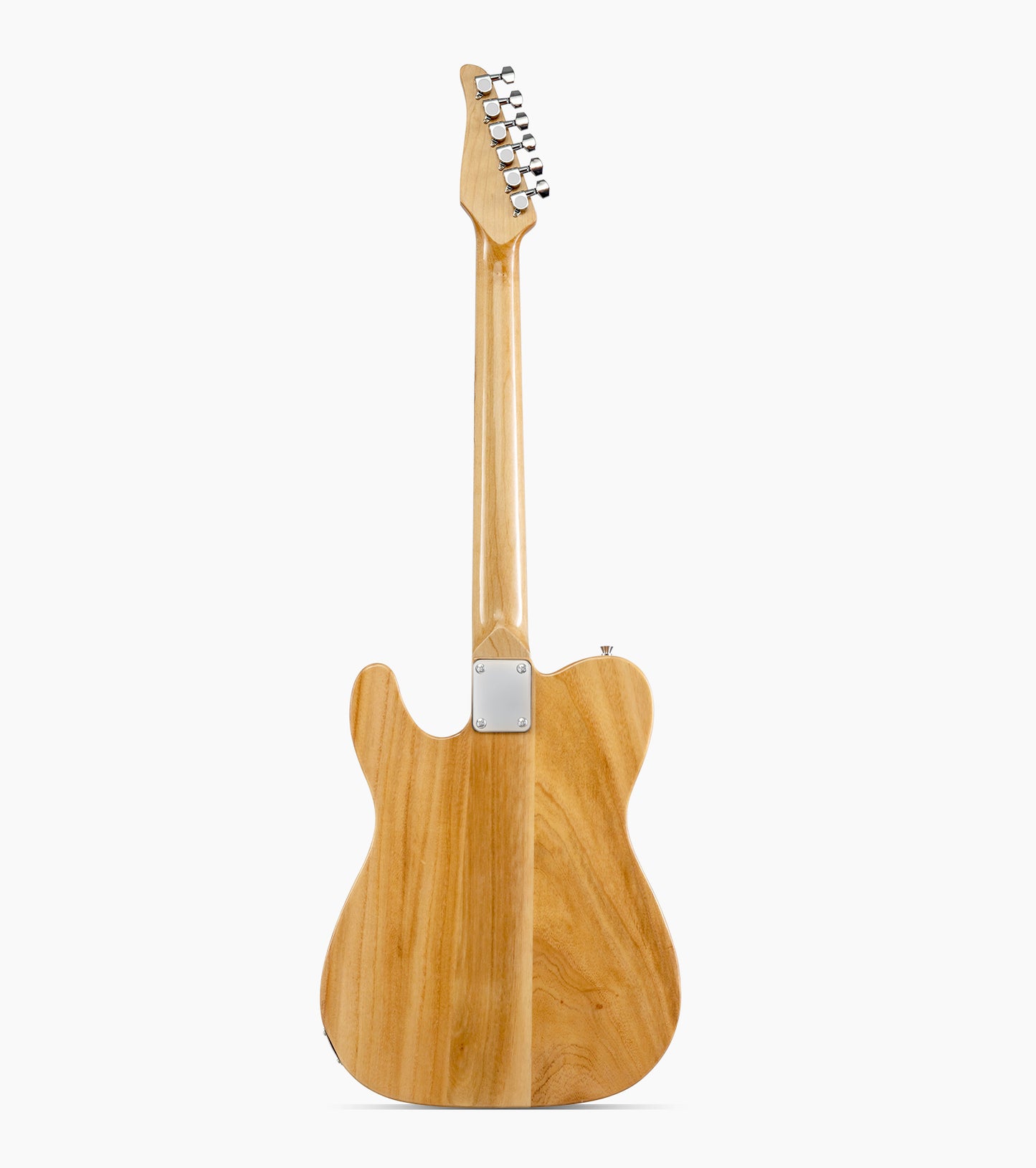 back of a Natural single-cutaway electric guitar