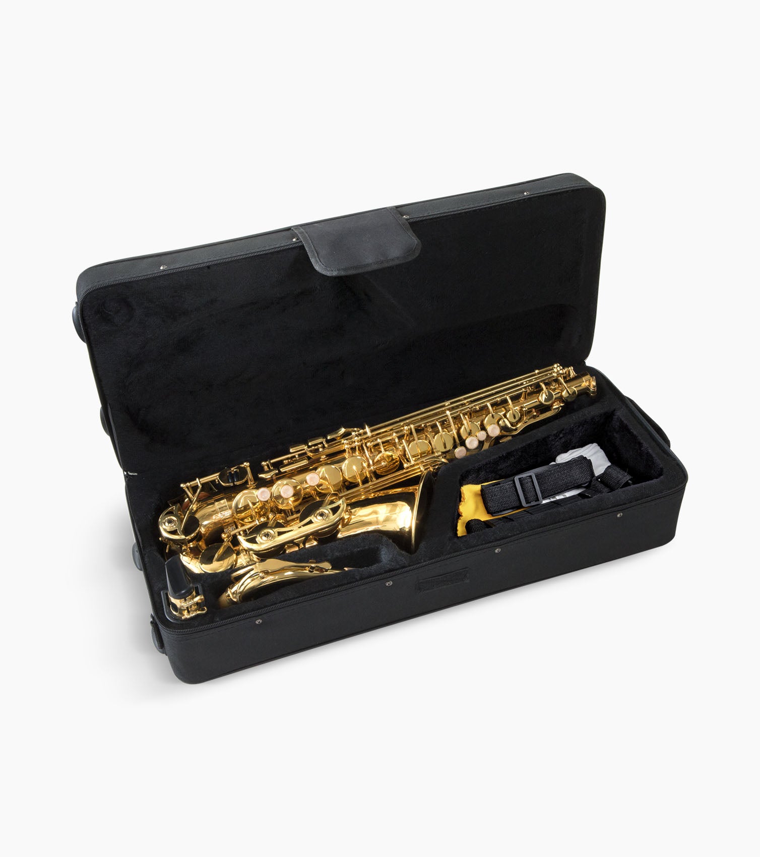 gold e flat alto sax in an open case