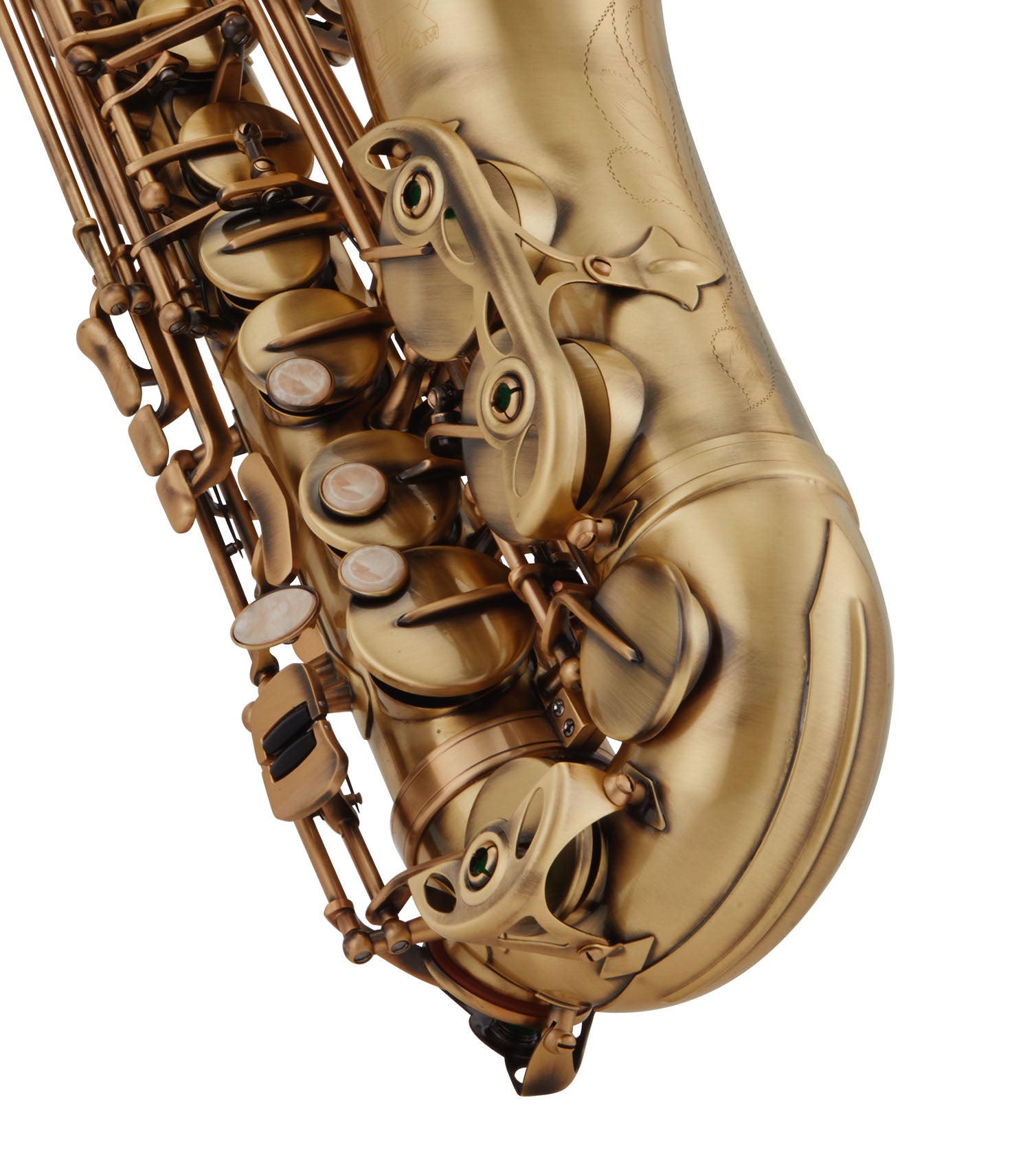 close-up of bronze e flat alto sax elbow