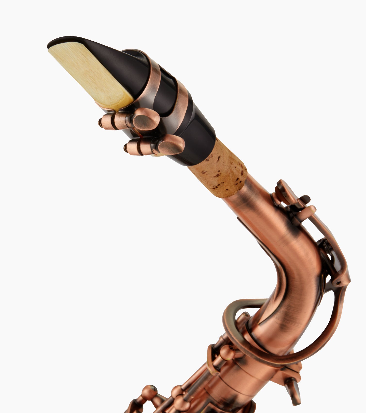 close-up of red e flat alto sax mouthpiece